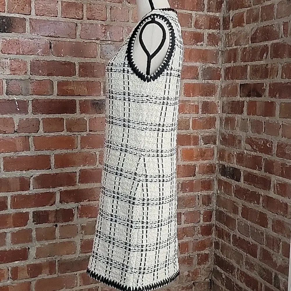Tory‎ Burch Black Ivory Sleeveless Tweed Midi Dress Medium